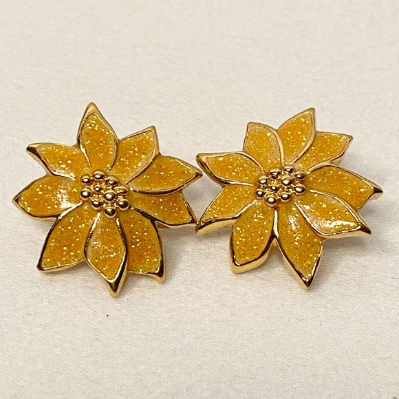 Art Nouveau Earrings Orchid Flower Frosty Yellow Clip On - Picture 1 of 9